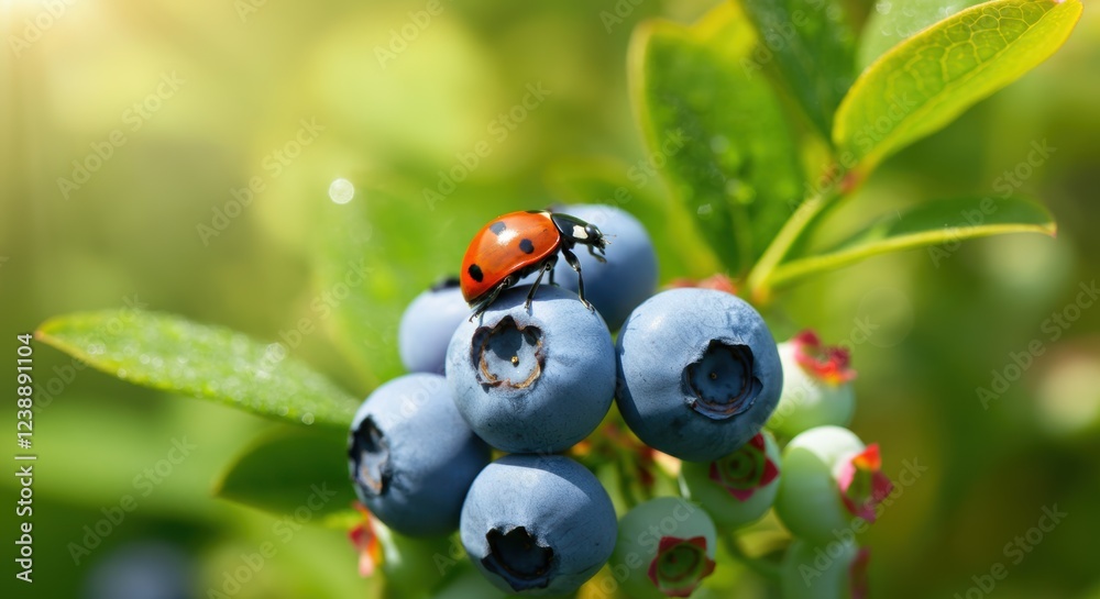 Ladybug on fresh blueberries in a sunlit garden Ladybug on fresh blueberries in a sunlit garden