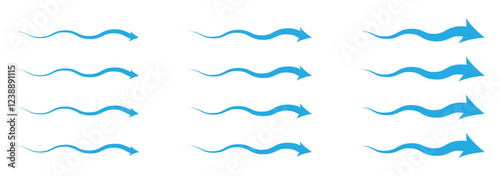 Air flow arrow. Set of blue arrow showing wind air flow. Vector set of air flow arrows. Blue air flow arrows showing wind circulation and ventilation.
