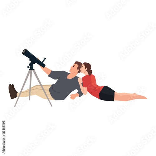 Couple Stargazing Together lies on the ground, they gaze at the night sky through a telescope. Flat vector illustration isolated on white background