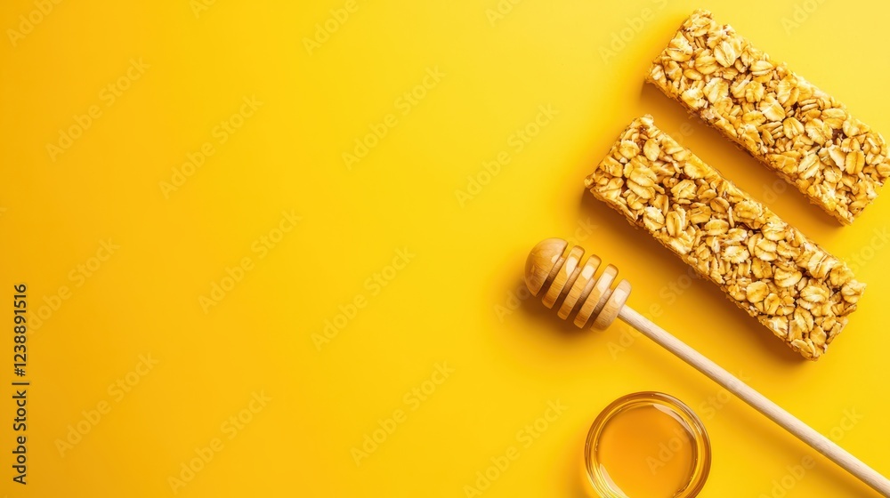 Golden oat and honey bars, a delicious treat on vibrant yellow background delicious Golden oat and honey bars, a delicious treat on vibrant yellow background delicious
