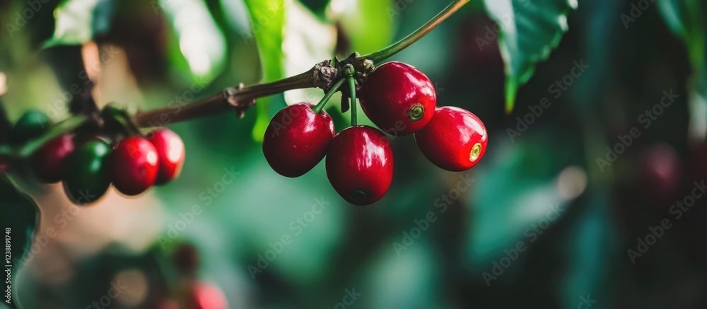 Fototapeta premium Ripe red coffee cherries on branch with blurred green foliage background