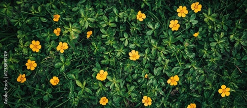 Fototapeta Naklejka Na Ścianę i Meble -  Yellow flowers scattered on lush green foliage, top view