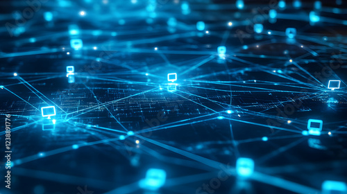 image of a digital network linking mobile devices with security and management features glowing in blue tones 