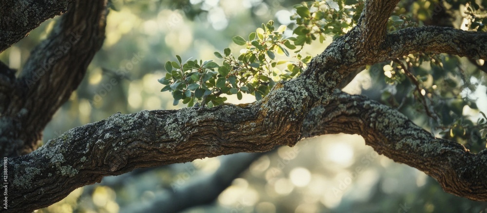 Close-up of tree branch with textured bark and green leaves in soft focus background Close-up of tree branch with textured bark and green leaves in soft focus background