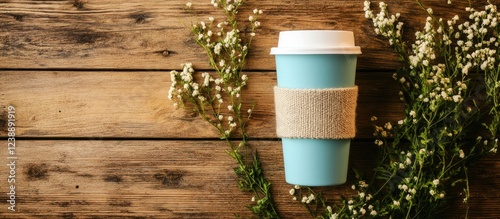 Reusable coffee cup with holder on wooden background with greenery and white flowers photo