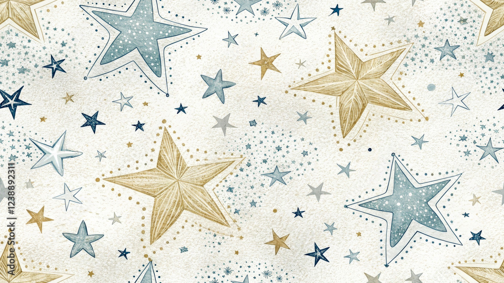 A whimsical pattern features stars in various sizes and shades of blue, grey, and gold, scattered across a light background. Each star is uniquely detailed, with some outlined with small dots.AI