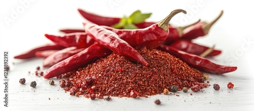 Red chili peppers and crushed chili powder on white background with copy space