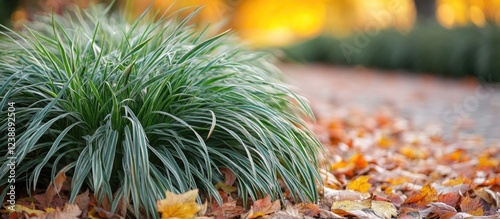 Dense green grass with blurred autumn leaves and trees in the background photo