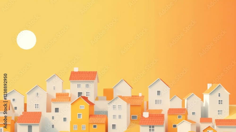 Orange and Yellow Village Sunset Illustration Orange and Yellow Village Sunset Illustration