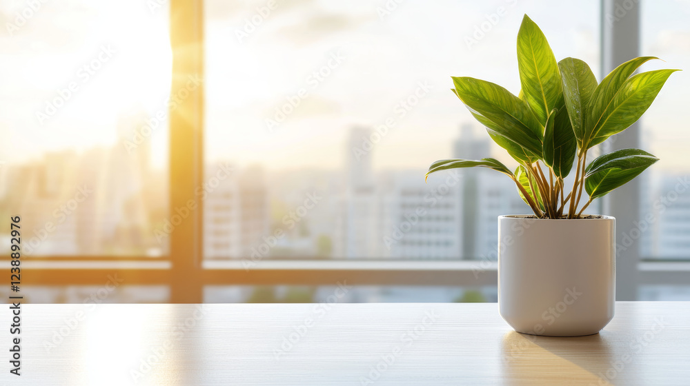 vibrant green plant in white pot sits on wooden table, illuminated by sunlight streaming through large office window, creating serene atmosphere vibrant green plant in white pot sits on wooden table, illuminated by sunlight streaming through large office window, creating serene atmosphere