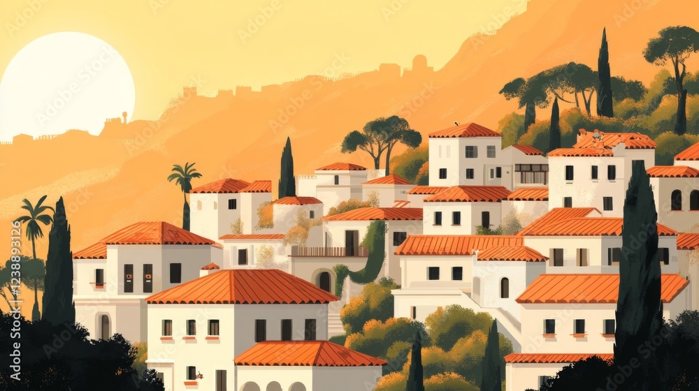 custom made wallpaper toronto digitalMediterranean Hillside Village at Sunset