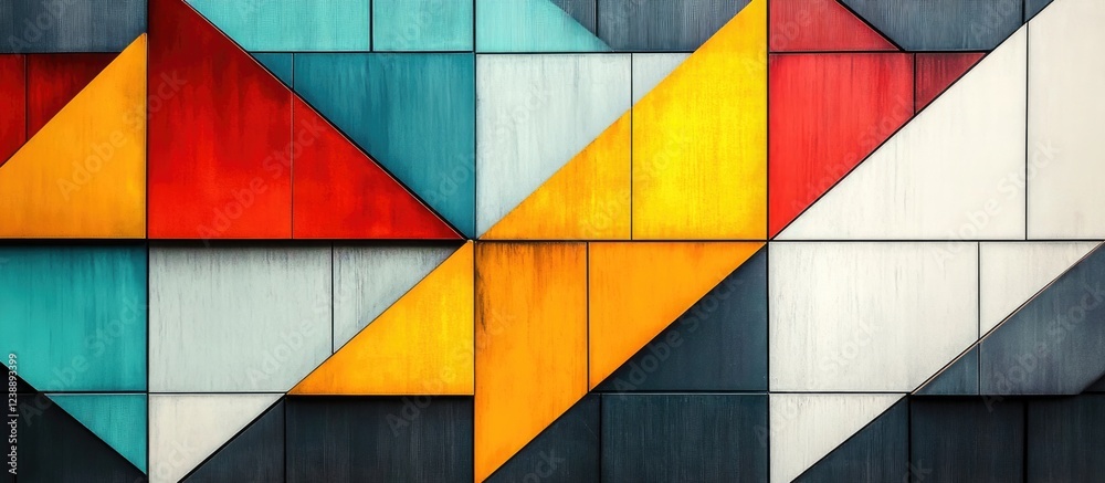 Fototapeta premium Colorful geometric abstract wall mural pattern with triangles and rectangles in red, yellow, teal, and white.