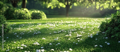 Sunlit Meadow with Green Grass and White Flowers in Springtime Garden