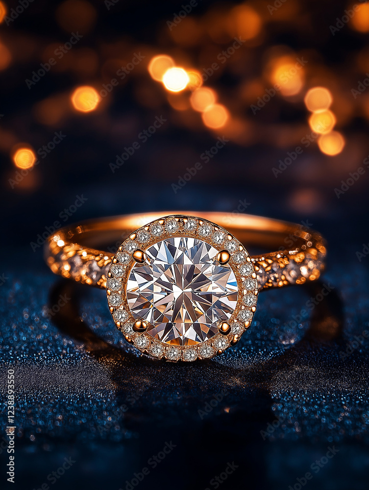 Fototapeta premium Sparkling Halo: A breathtaking close-up of an exquisite diamond ring adorned with a halo of shimmering pearls, set against a backdrop of warm, golden bokeh lights.