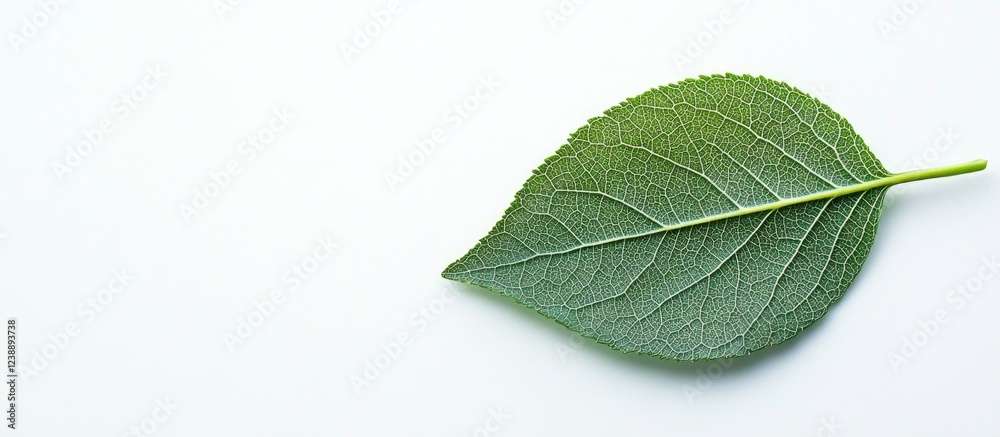 Fototapeta premium Green leaf on white background with vein detail and copy space