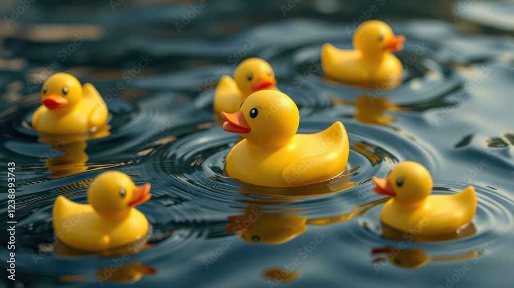 Colorful rubber ducks float in calm water creating a playful atmosphere in an outdoor setting during daylight Colorful rubber ducks float in calm water creating a playful atmosphere in an outdoor setting during daylight