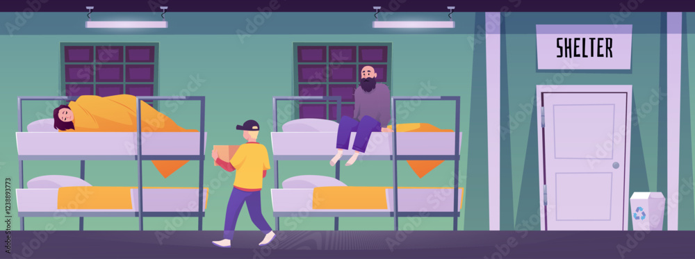 Fototapeta premium Night shelter for homeless people, vector woman sleeping on bed in emergency temporary residence volunteer help refugees