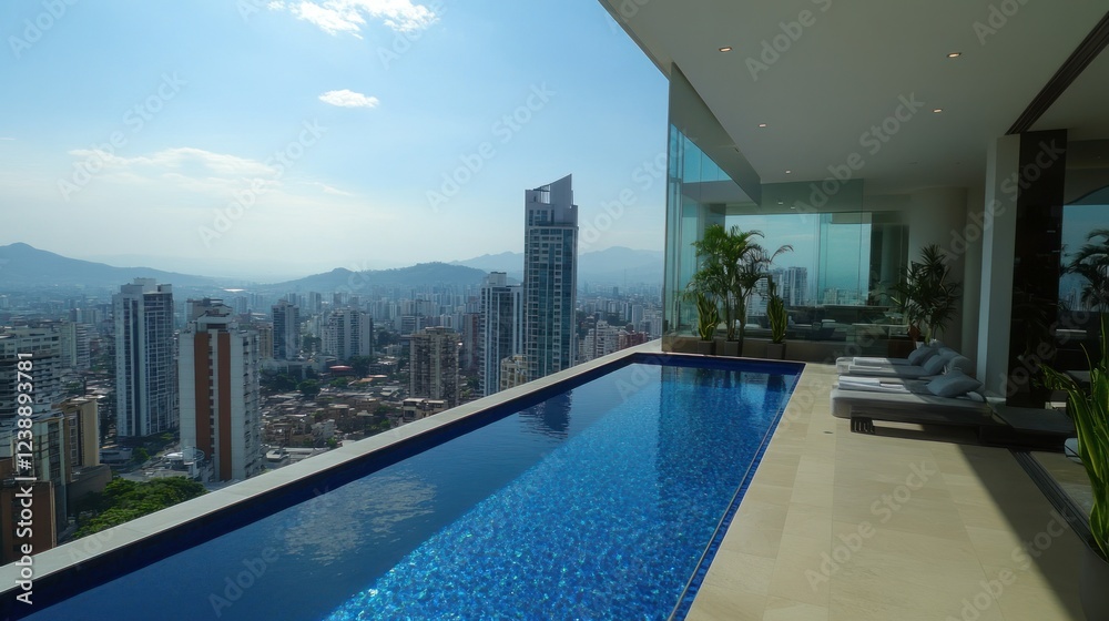 Obraz premium Infinity Pool Overlooking City Skyline And Mountains