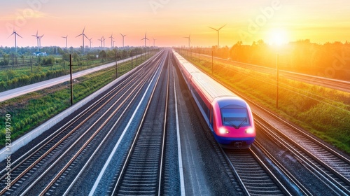 Train moves along tracks at sunset. photo