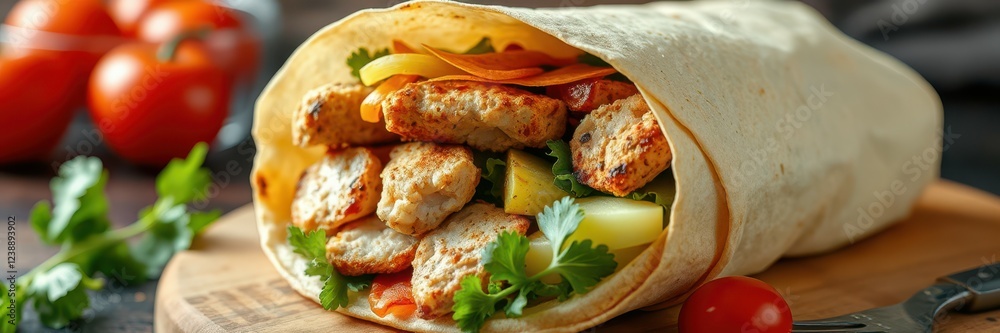 Delicious chicken wrap filled with fresh vegetables and flavorful ingredients prepared for a satisfying meal experience Delicious chicken wrap filled with fresh vegetables and flavorful ingredients prepared for a satisfying meal experience