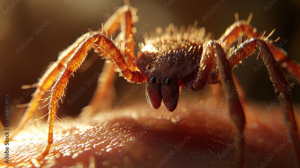 A close-up of a tick clinging to human skin, its body swollen with blood. The detailed textures highlight the dangers of tick-borne diseases like Lyme disease 