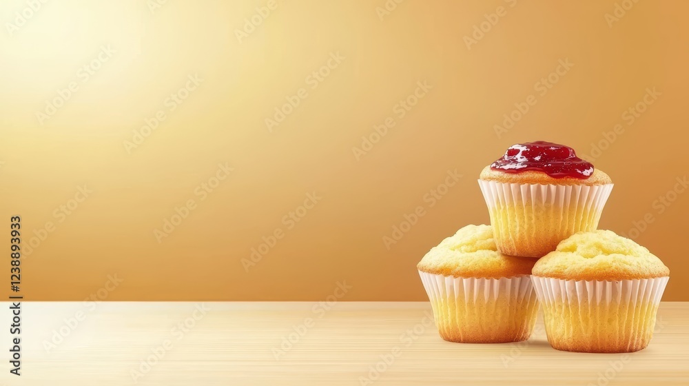 Three delicious cupcakes with vibrant jam topping, a sweet treat for every occasion Three delicious cupcakes with vibrant jam topping, a sweet treat for every occasion