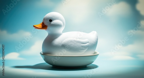 White rubber duck in ceramic bowl with cloudy sky backdrop photo