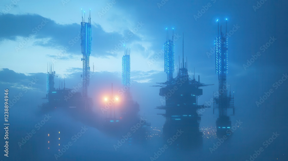 Obraz premium futuristic telecommunications array at twilight, neon-lit 6g antenna piercing through misty clouds, cyberpunk aesthetic with electric blue accents
