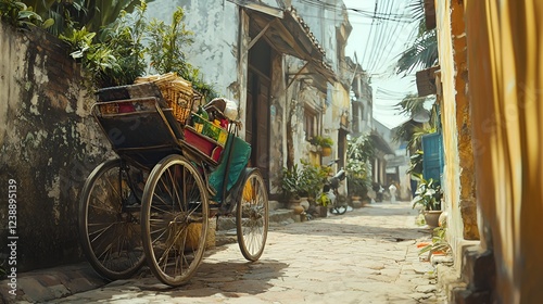 Loaded cyclo parked in Hoi An's alleyway, showcasing aged architecture and vibrant street life