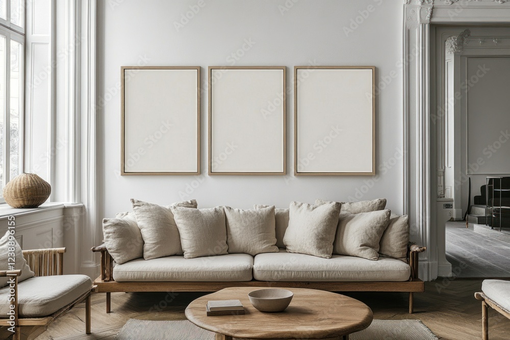 Fototapeta premium Three blank frames above beige sofa in minimalist living room.