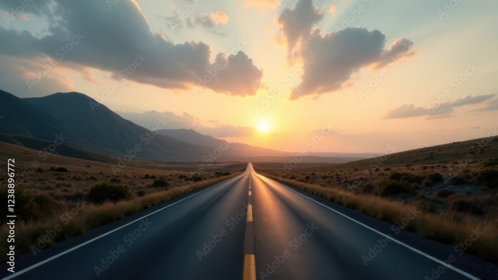 Fototapeta premium A Long and Winding Road Through the Desert at Sunrise with Golden Light on Arid Landscape