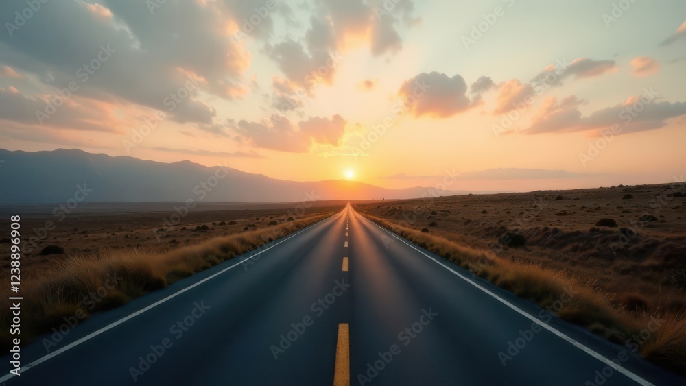 Naklejka premium Long road at sunset with clear blue sky and golden hour on the horizon in the distance