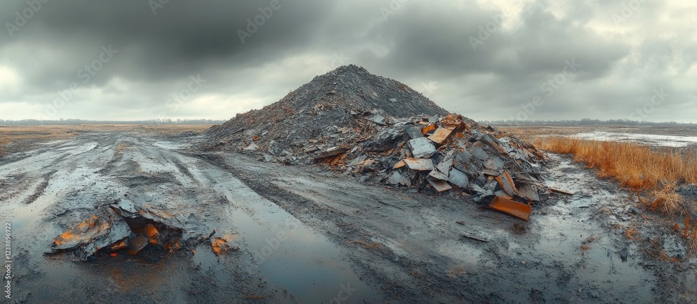 Naklejka premium Pile of Industrial Waste in Desolate Landscape Under Cloudy Sky