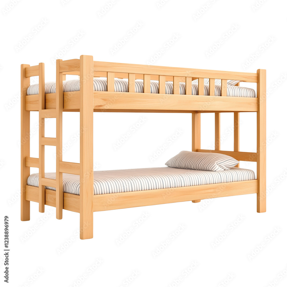 Stylish wooden bunk bed with comfortable striped mattresses. Stylish wooden bunk bed with comfortable striped mattresses.