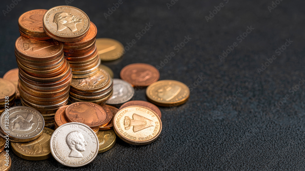 High detail image of pyramid like stack of coins on dark surface, showcasing various denominations and textures High detail image of pyramid like stack of coins on dark surface, showcasing various denominations and textures