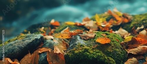 Moss-Covered Rocks with Fallen Autumn Leaves Beside Flowing Water in Forest