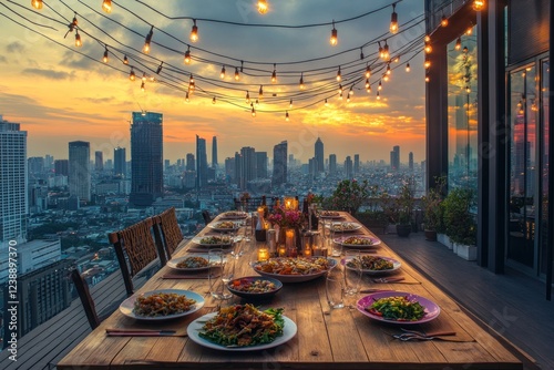 Rooftop Dinner with City Skyline Sunset View