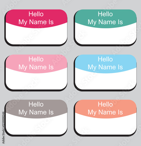Badge sticker with hello my name is. Vector isolated illustration. Register tags.