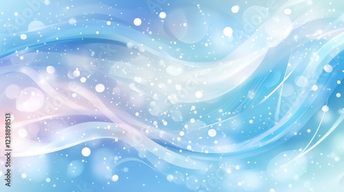 Abstract pastel blue and white wave background with bokeh lights and sparkles.