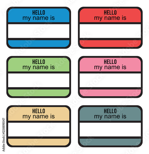 Badge sticker with hello my name is. Vector isolated illustration. Register tags.