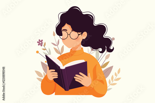 Vector illustration of Girl with open book in her hands. Concept illustration of earning, distance studying and self education. Young woman student character