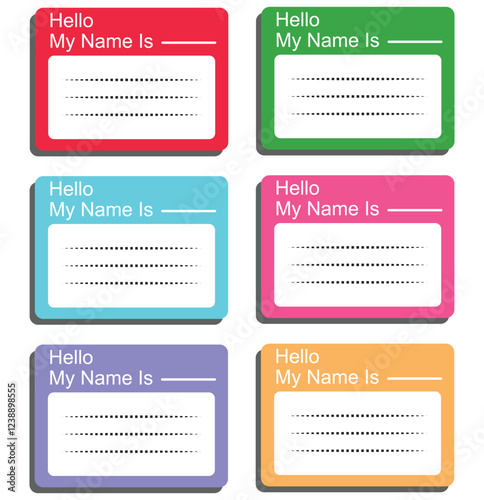 Name badge. Tag of hello. Sticker or card with my nametag. Label with hi. Paper card for identification teacher, speaker on meet and corporate. Template for registration on conference. 