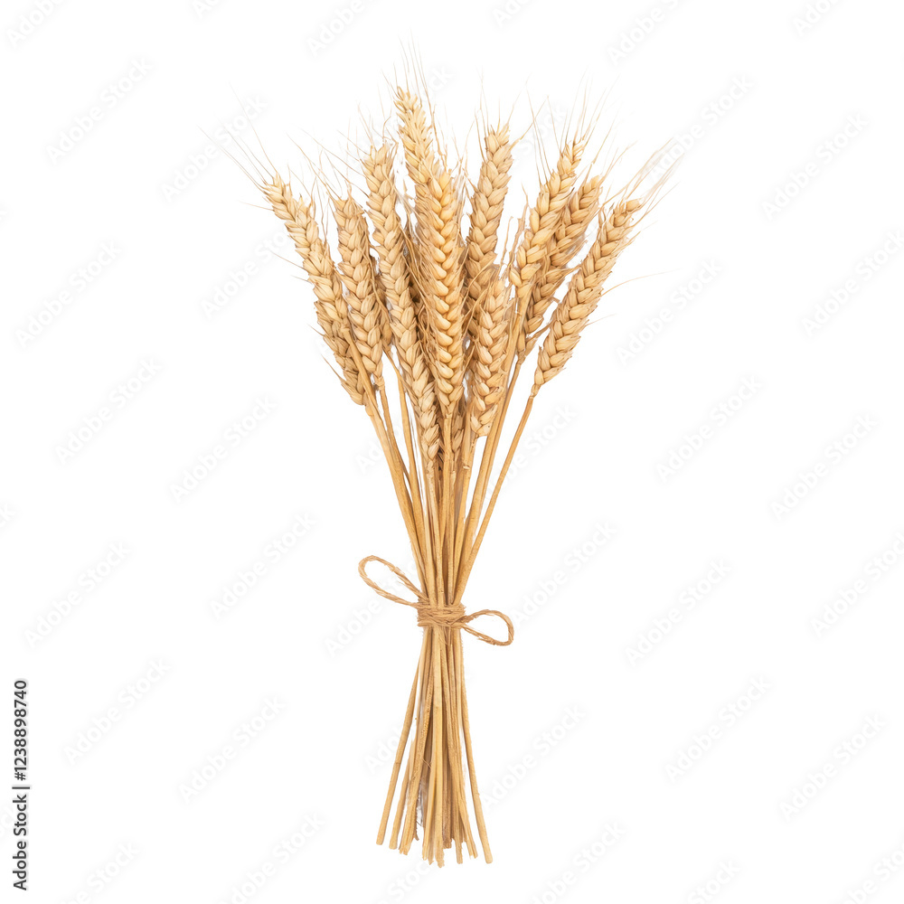 Fototapeta premium A beautiful bouquet of golden wheat sheaves tied with a rustic bow.