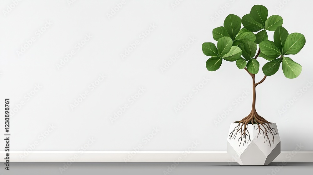 Beautiful indoor plant in modern pot with decorative roots on minimalistic wall background Beautiful indoor plant in modern pot with decorative roots on minimalistic wall background