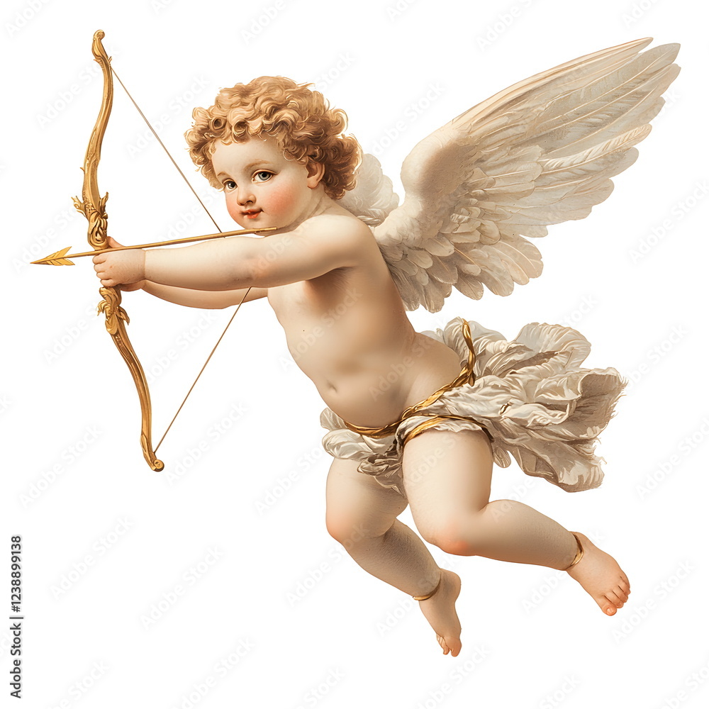 Fototapeta premium Ancient marble statue of a little cupid doll with wings, shooting a bow. Isolated on white background for cutting png. For stickers on Valentine's Day, for the holiday on February 14.