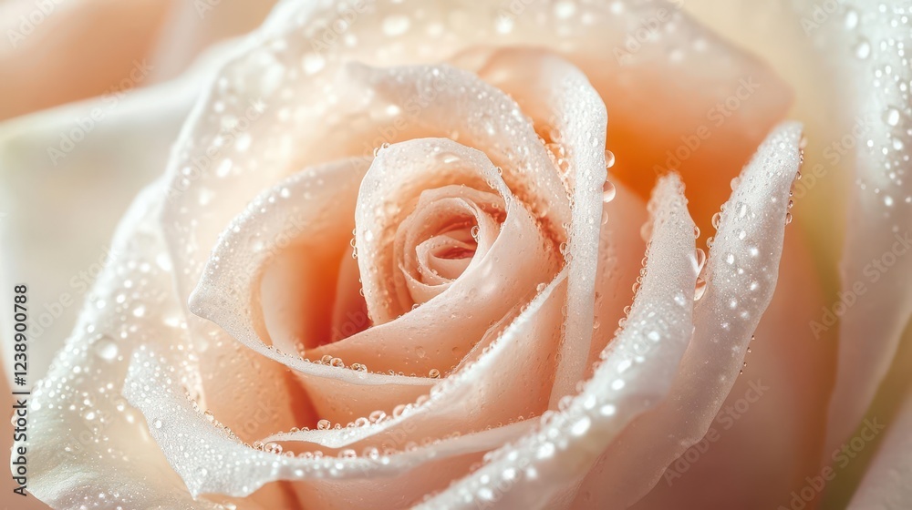 Fototapeta premium macro shot of fresh morning dew drops on rose petals, extreme close-up with soft natural lighting, delicate water droplets creating crystal-like reflections, pure and serene