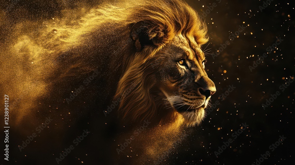 Naklejka premium majestic african lion portrait in golden savanna light, intense amber eyes, detailed flowing mane, dramatic side profile, ethereal dust particles, professional wildlife photography