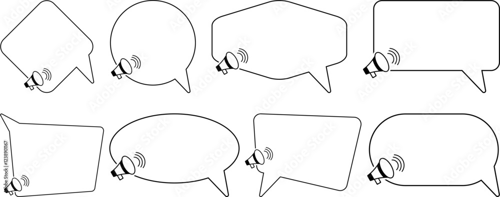 Obraz premium Speech Bubble Set with Megaphones – Vector Chat Balloons for Announcements, Communication, Marketing, and Social Media Messages