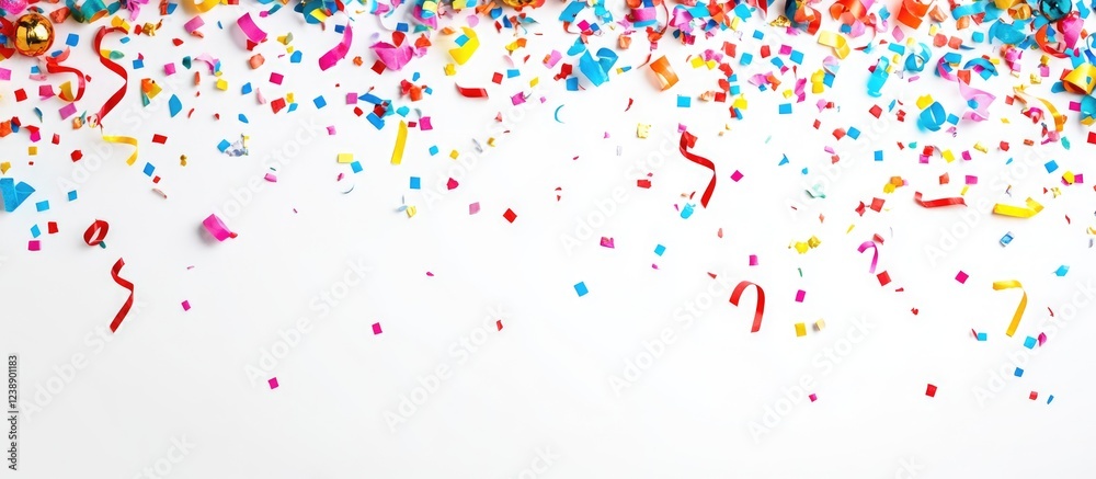 Colorful confetti and streamers on white background with copy space. Colorful confetti and streamers on white background with copy space.