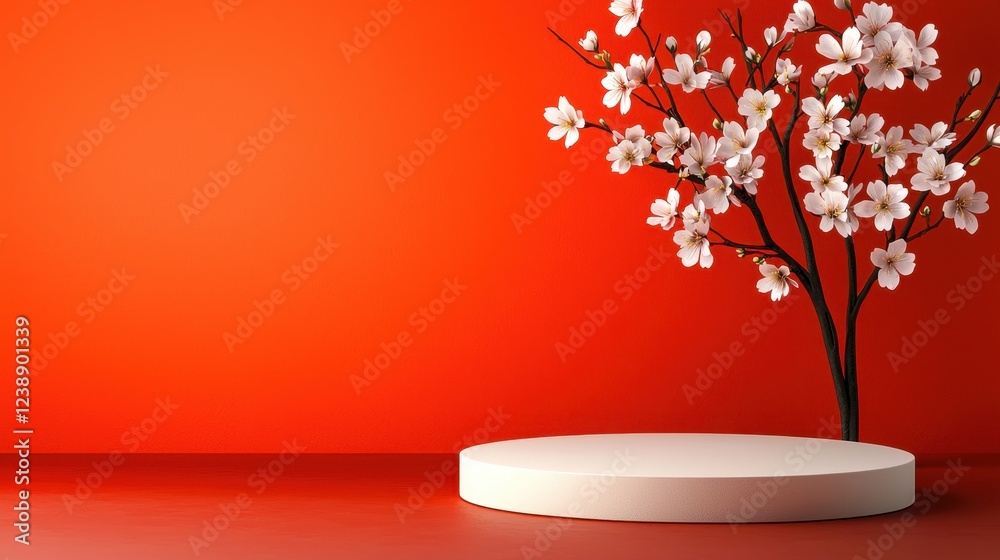Blossoming tree against a vibrant red background with a circular pedestal. Blossoming tree against a vibrant red background with a circular pedestal.